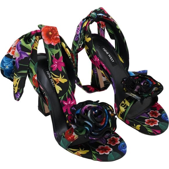 Nine West Krave Floral Heeled Sandals Black Multi Ankle Wrap 3D Rose US 6.5M - Picture 4 of 6